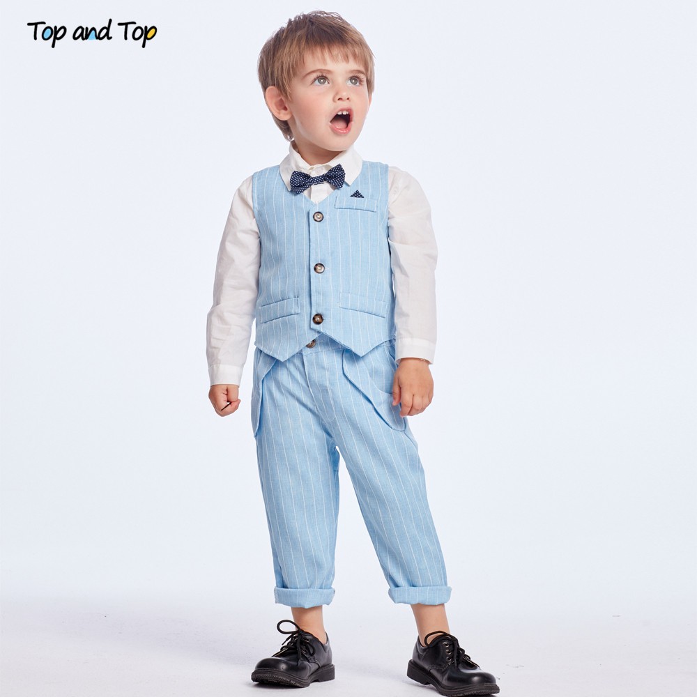 Best and top spring and autumn baby boy gentleman suit white shirt with bow tie striped jacket trousers 3pcs formal kids clothes set