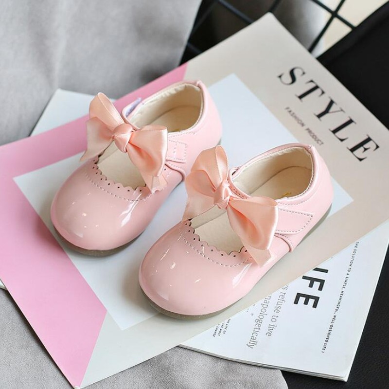 Newest Spring Autumn Baby Girls Fashion Patent Leather Big Bow Princess Mary Janes Party Shoes Solid Color Student Flat Shoes