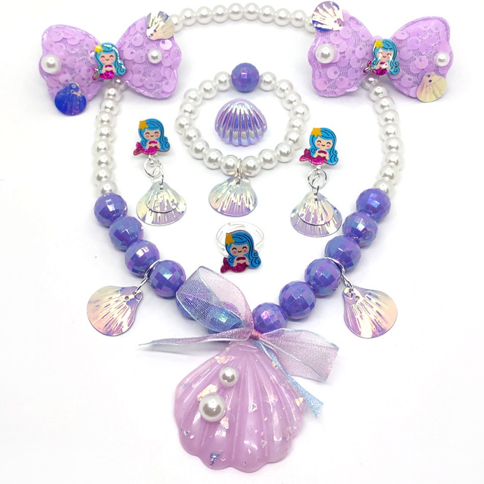 Girl Little Mermaid Party Accessories Necklace Ring Earring Bracelet Kids Toy Children Birthday Gift Elsa Headband