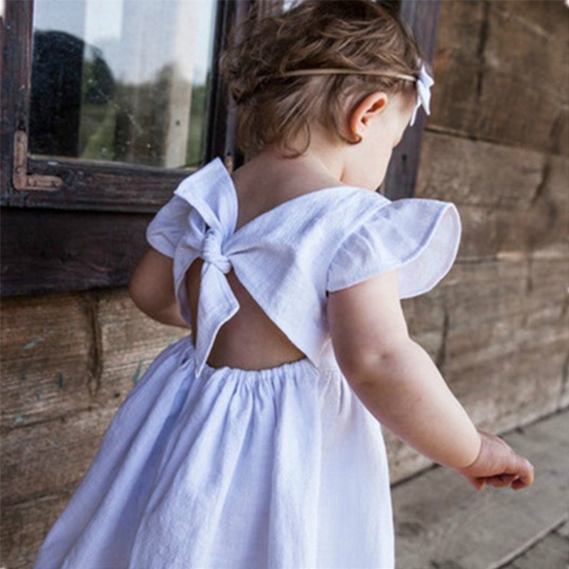 New Baby Girls Dress Bow Cotton Fly Sleeve Ruffles Lace Summer Pure Color Children Princess Skirt Kids Clothes