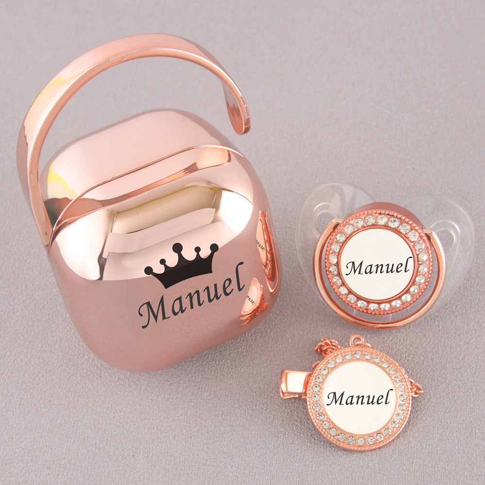 Luxury Personalized Any Name Rose Gold Bling Baby Pacifier And Clips Pacifier Box Set BPA Free Doll Soother Unique Shower Gift