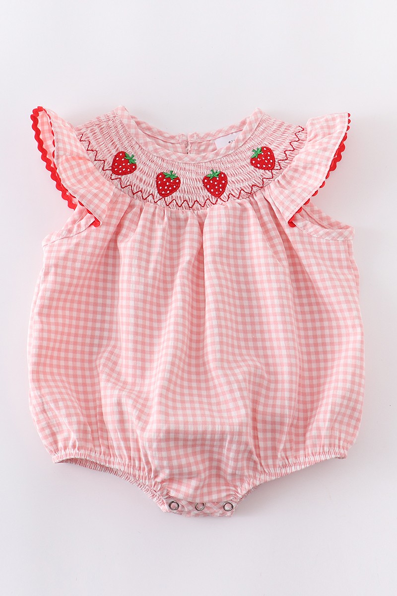 Girlymax Brothers Spring/Summer Baby Girls Strawberry Plaid Gingham Shorts Set Smocked Romper Kids Clothes