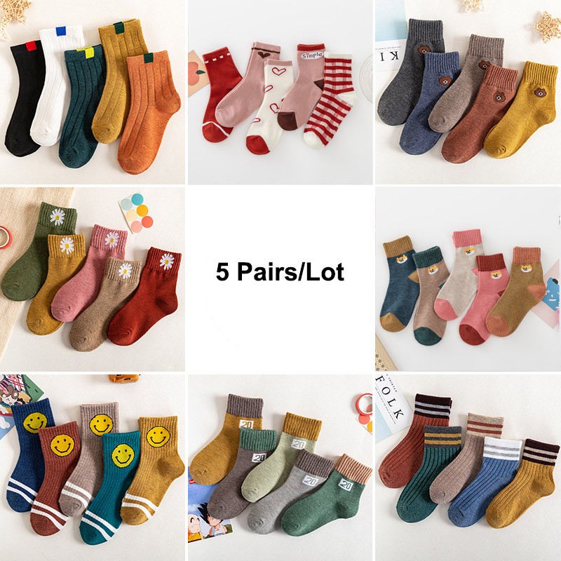 Autumn Winter Cotton Thicken Socks For Kids Cute Cartoon Happy Boy Striped Socks 5 Pairs Infant Baby Girls Socks 1-12 Years