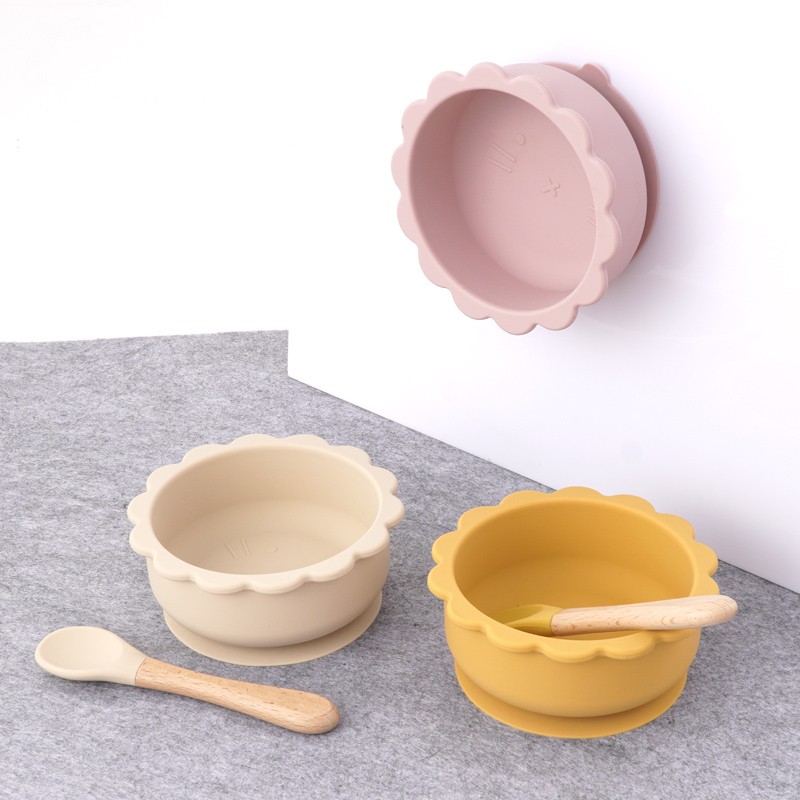 Cute silicone bowl children's complementary tableware food bowl BPA-free waterproof tableware plate wooden spoon silicone fork