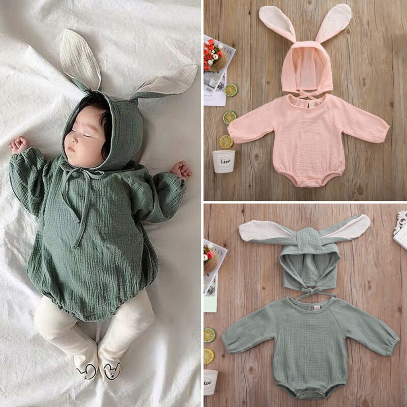 Ma & baby 0-24M Infant Newborn Baby Girls Boys Romper Soft Long Sleeve Jumpsuit Rabbit Ear Hat Outfits Easter Bunny Clothes