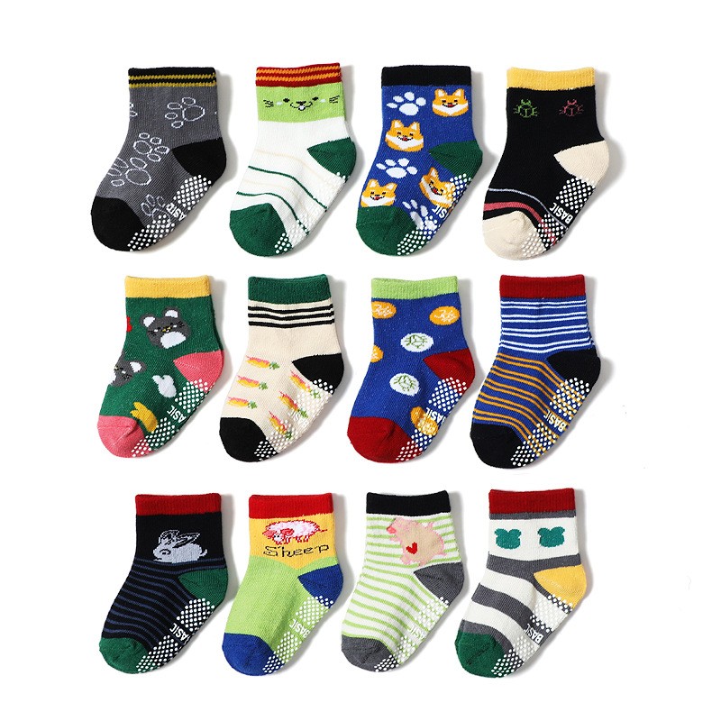 12 pairs/set kids socks baby girl anti-slip boy elastic knit cotton 1-5 years