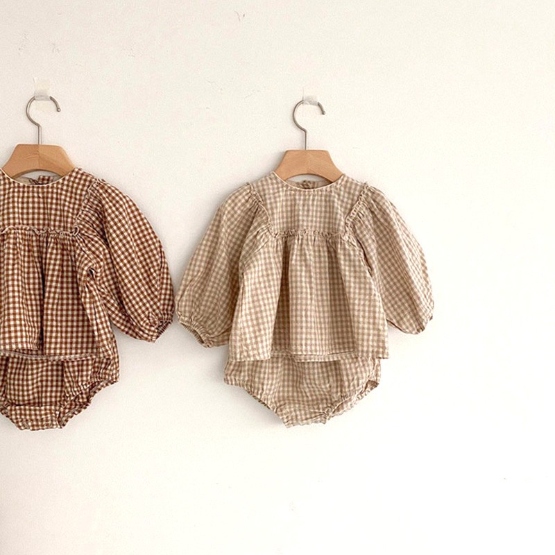 Baby girls clothes set summer spring plaid infant girls clothes set puff sleeve blouse and bloomer 2pcs baby girls suit