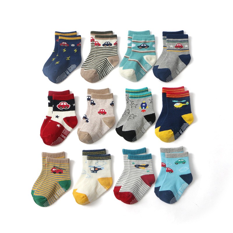 12pairs/lot Boys Cotton Socks Baby Rubber Slip-resistant Floor Socks Cartoon Small Kid Socks 1-5 Years