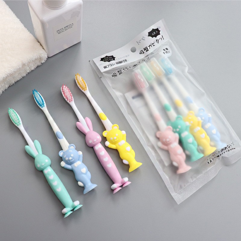 Baby Cartoon Silicone Toothbrush 4pcs/set Cute Rabbit/Bear Shape 4Colors Soft Brush With Suction Dental Seat Health Toothbrush