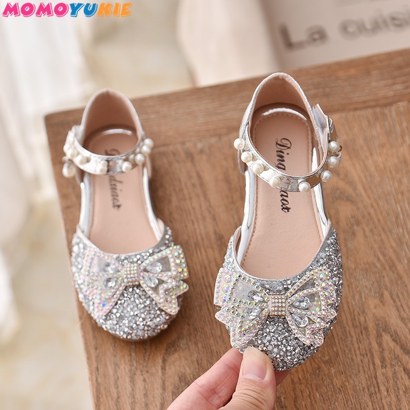 Girls Sequins Lace Bow Kids Shoes Girls Cute Pearl Princess Dance Single Casual Shoes 2021 New Children Party Wedding Shoes