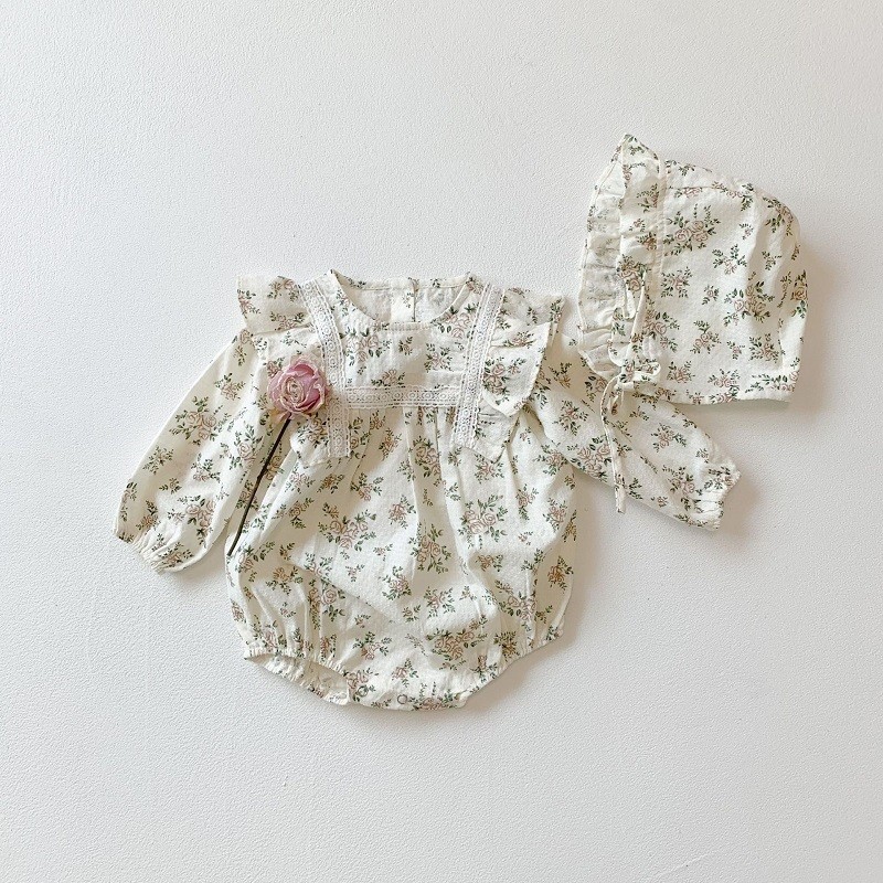 2pcs korean lace ruffle cute baby romper with hat set infant vintage floral long sleeve jumpsuit baby boy girl sweet clothes