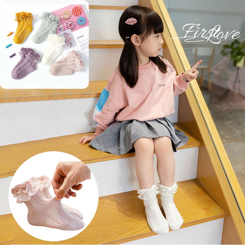 Spring Baby Girls Soft Cotton Ruffle Lace Ankle Princess Dress Socks for 0-12Y Toddler Infant Baby Solid Color White Flower Socks