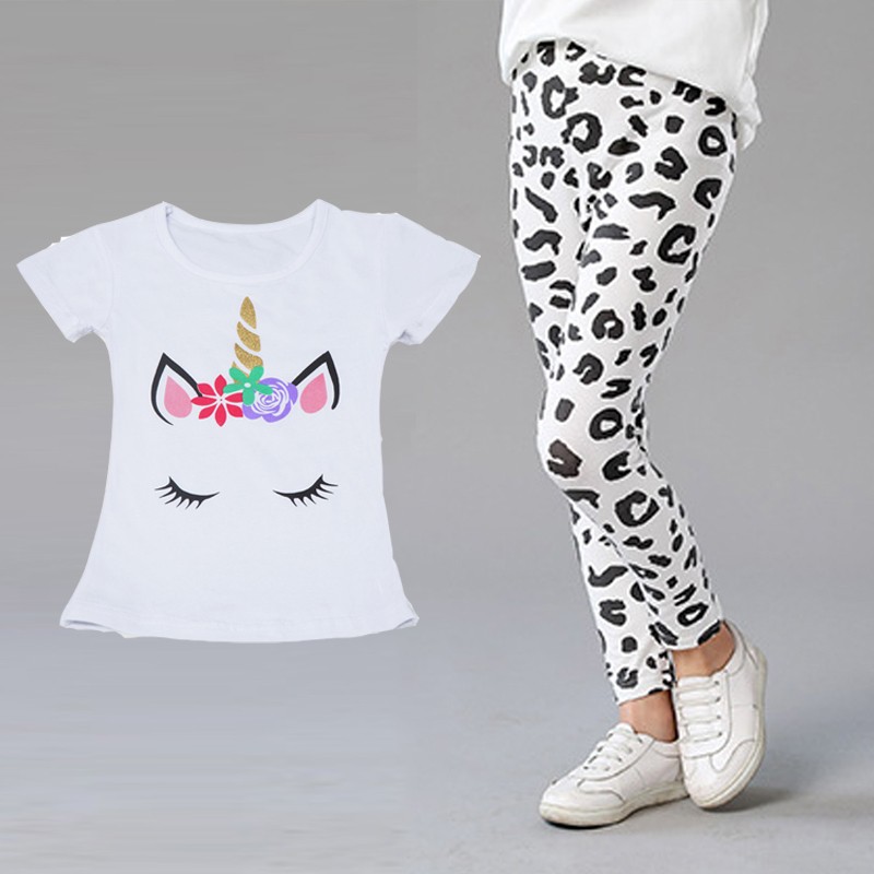 2pcs Kids Clothes Set Summer T-shirt Leggings Little Girl Print T-shirt and Pants Outfits Baby Girl Leggings