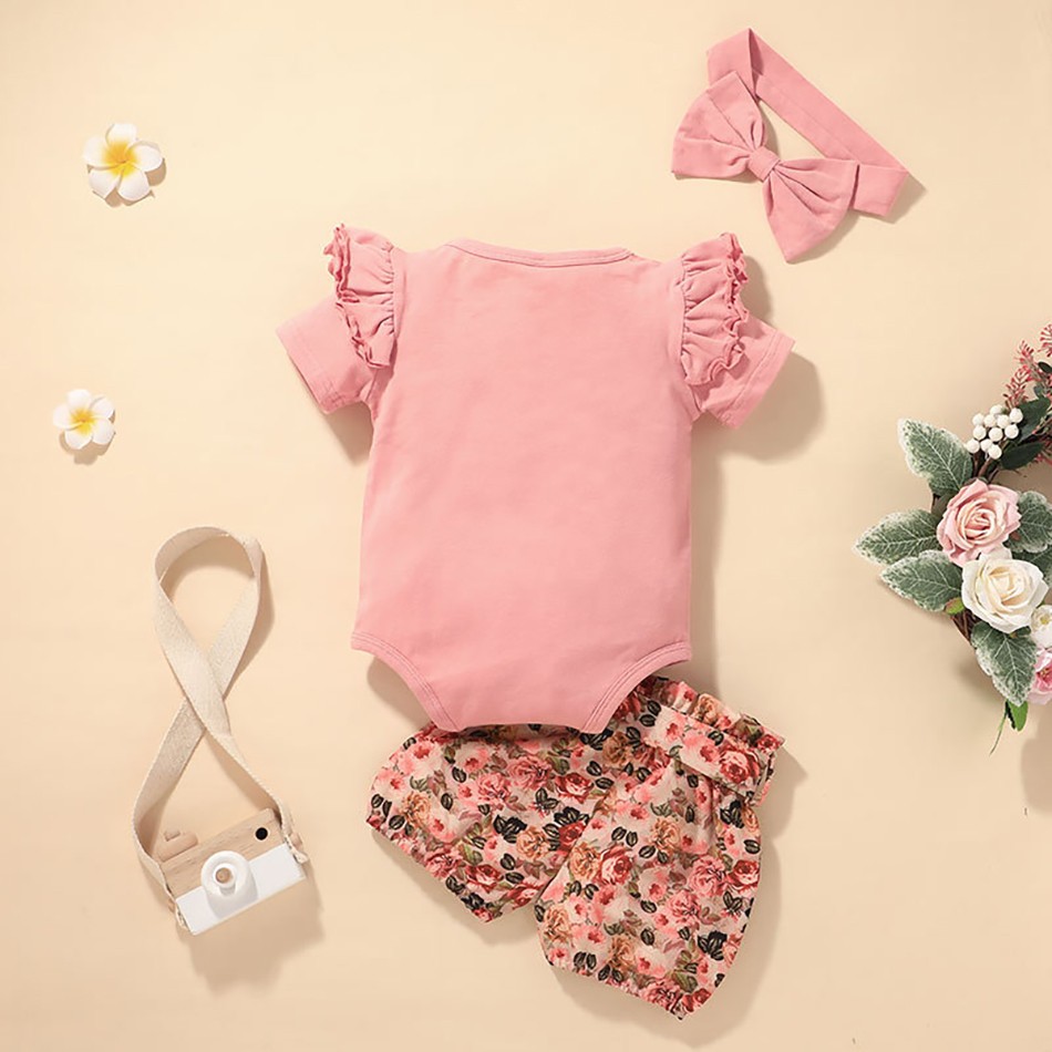 summer newborn baby girl clothes set solid color short sleeve ruffle romper tops flower short pants headband 3pcs infant outfits