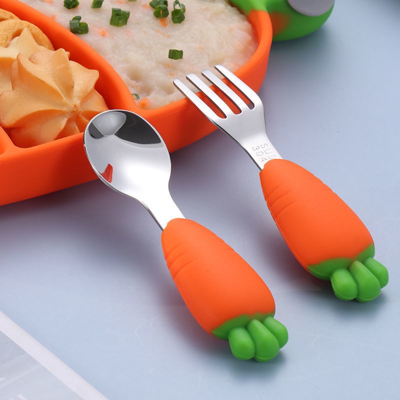 Baby Stainless Steel Silicone Cutlery Feeding Set Children Straw Cutlery Carrot Set Split Training Plate Spoon Fork Dinner Plate