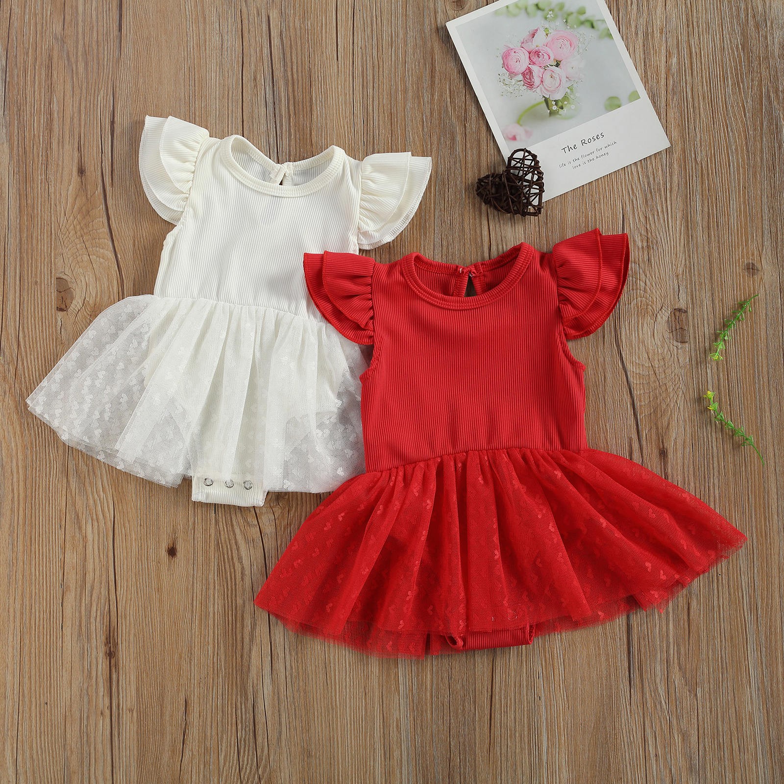 Ma & Baby- Newborn 0-18 Months Summer Jumpsuit Valentine's Day Clothes Red Heart Printed Tulle Jumpsuit