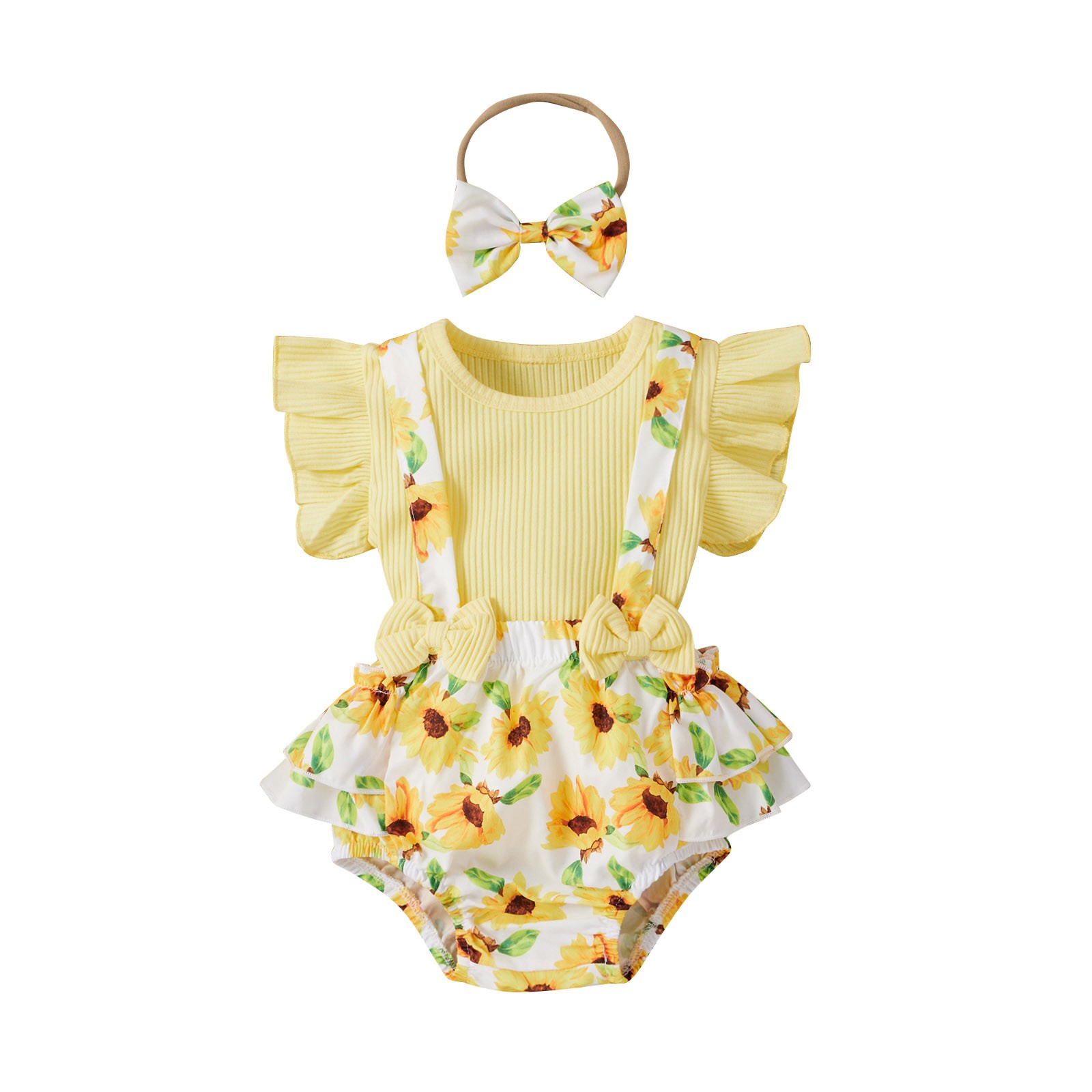 Newborn Baby Girls Clothes Sets Toddler Girls Outfits Ruffle Sleeve T-shirt Suspenders Pants Headband 3pcs Outfit Set Toddler 0-18M