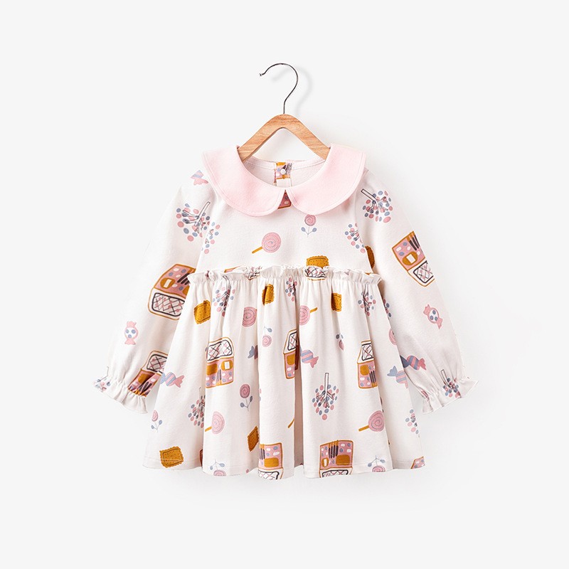 Baby Girls Spring Autumn Flower Printed Dresses Turn-down Collar Dress for Kids Children