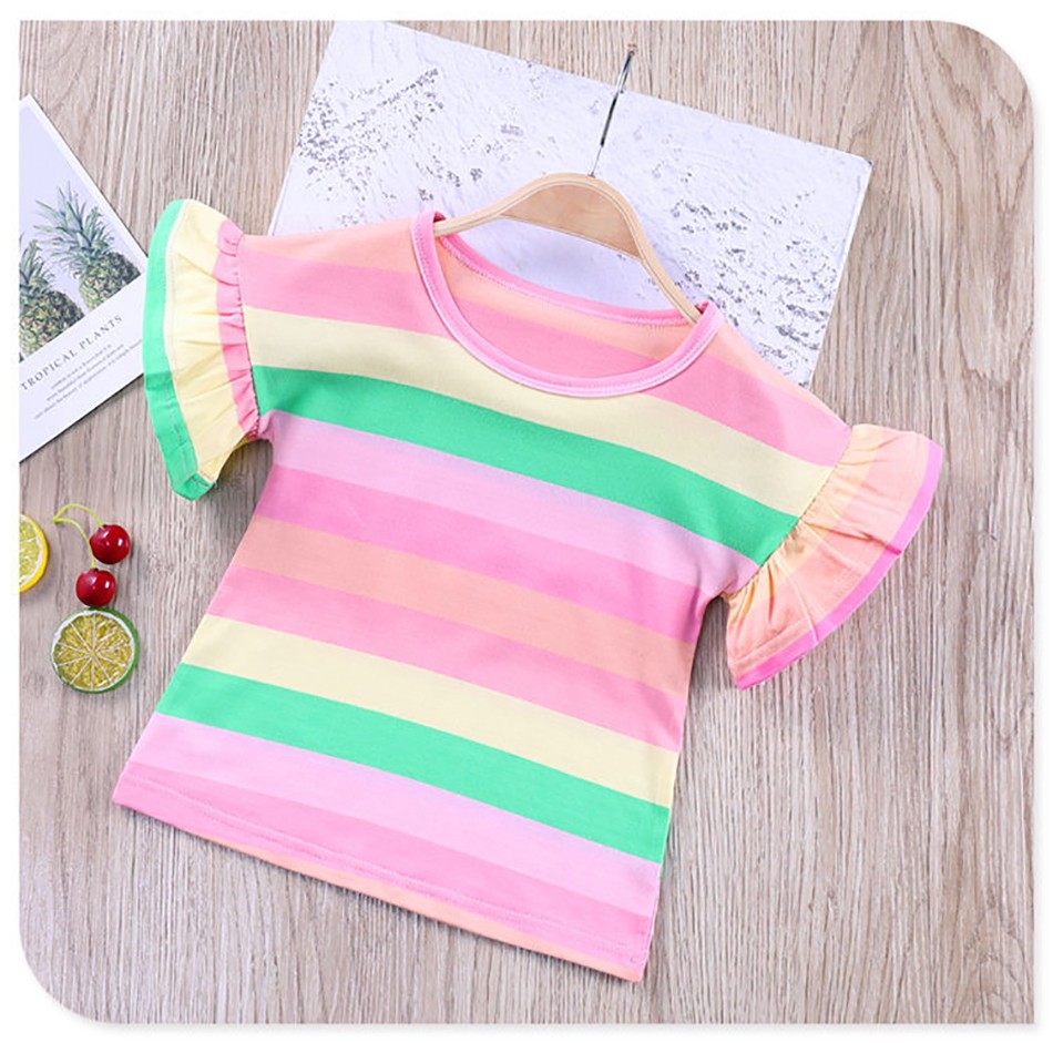 Girls Striped T-Shirt 2021 New Korean Baby Fashion Rainbow Shirts With Ruffle Sleeves Children All-match Tees 12M-8T JYF