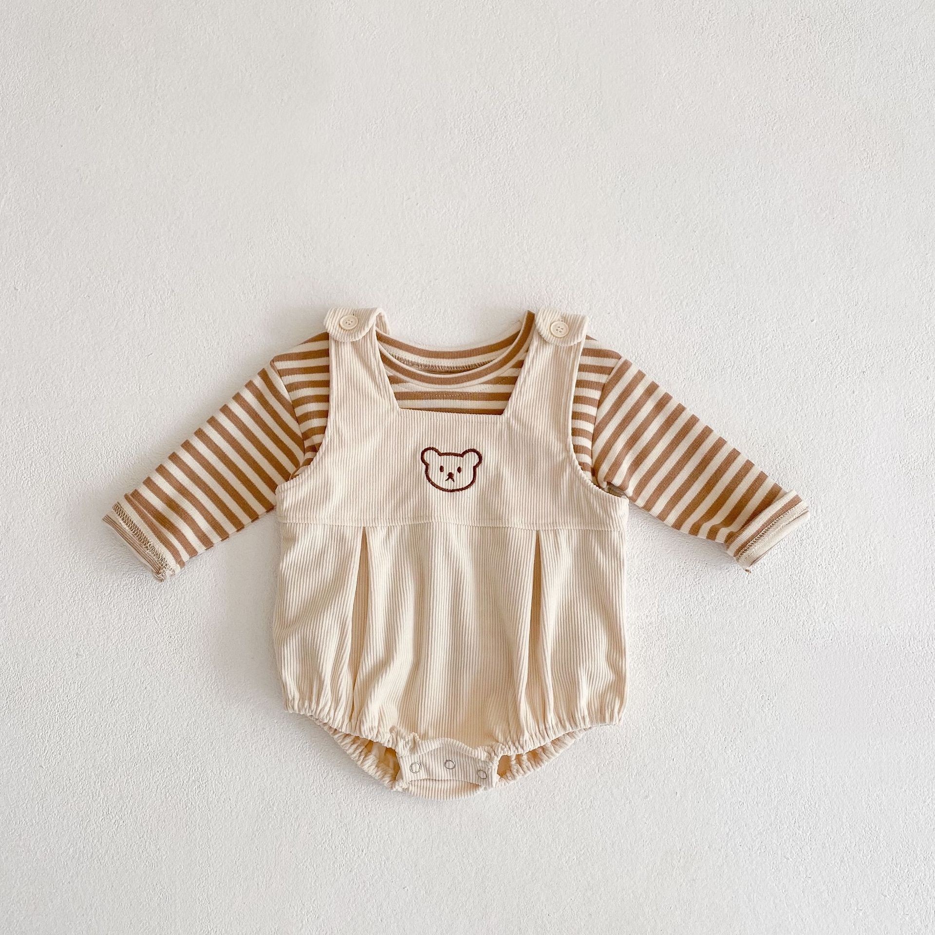 Baby Boys and Girls Clothes Long Sleeve Striped Top Bear Overalls Jumpsuit 2pcs Spring Newborn Baby Clothing Outfits