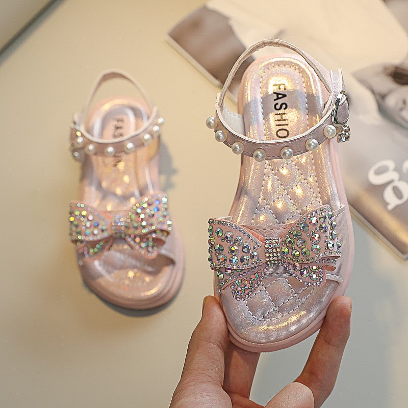 Size 26-36 Children Bowknot Pearl Princess Shoes For Girls Soft Sole Crystal Beach Shoes For Kids Girls Open Toe Light Sandals