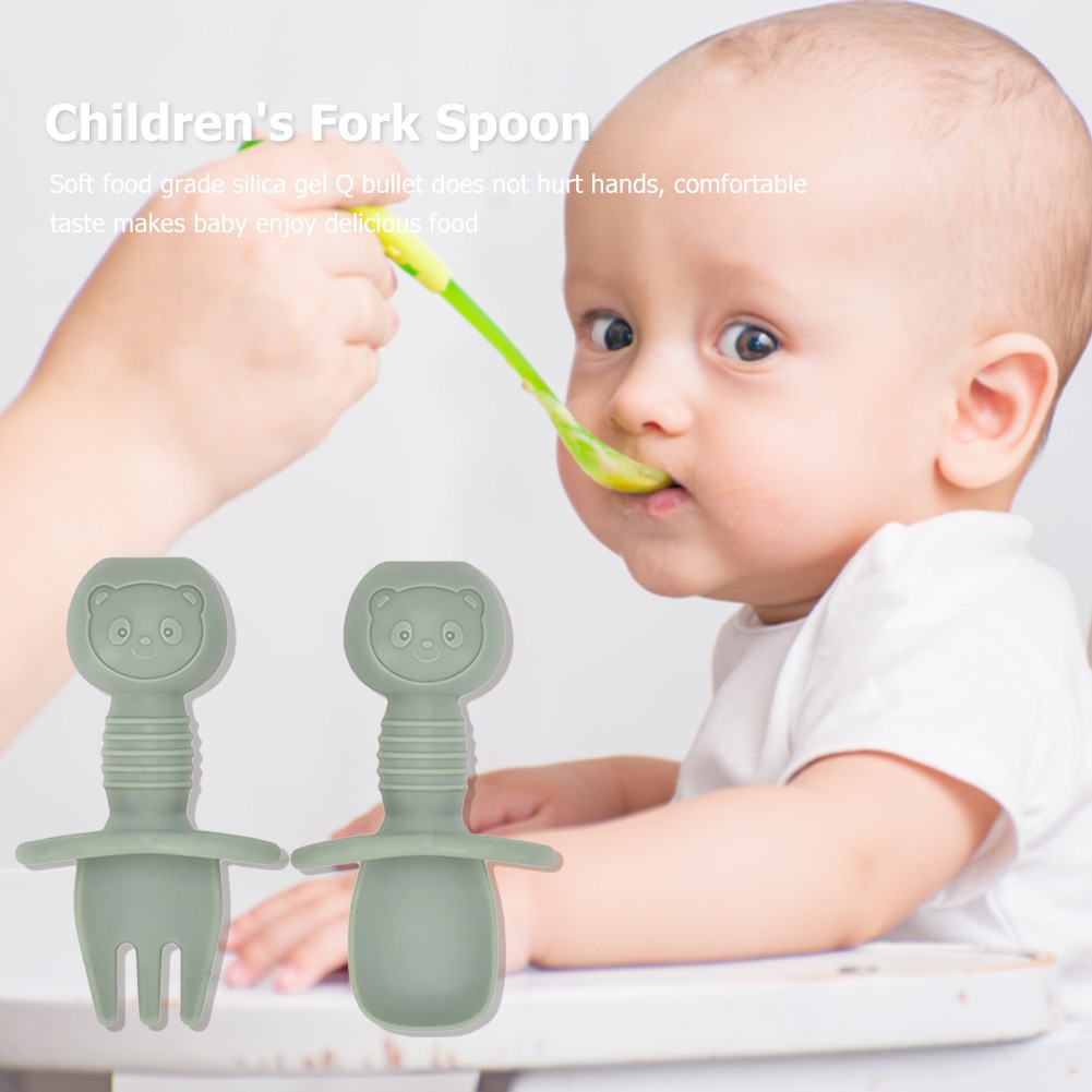 Soft Silicone Baby Tableware Self Feeding Spoon Fork Kids Baby Easy Grip Children's Cutlery Sets Short Handle Utensils Non-slip