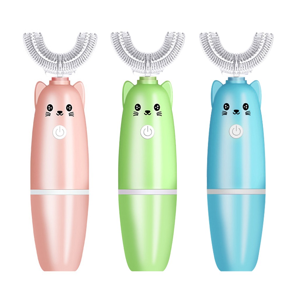 Automatic Ultrasonic Kids U Shape Vibration Silicone Electric Toothbrush Waterproof Children Toothbrush 2 Replaceable Heads