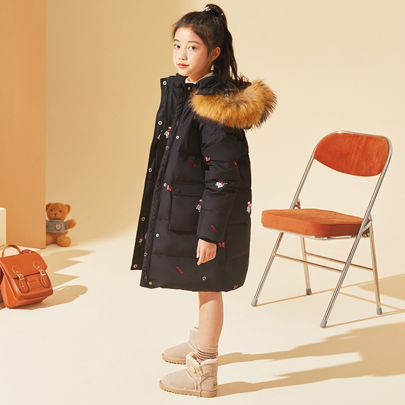 ton lion kids winter fashion casual windproof and warm girls mid-length down jacket 5-12 years old girls winter coat