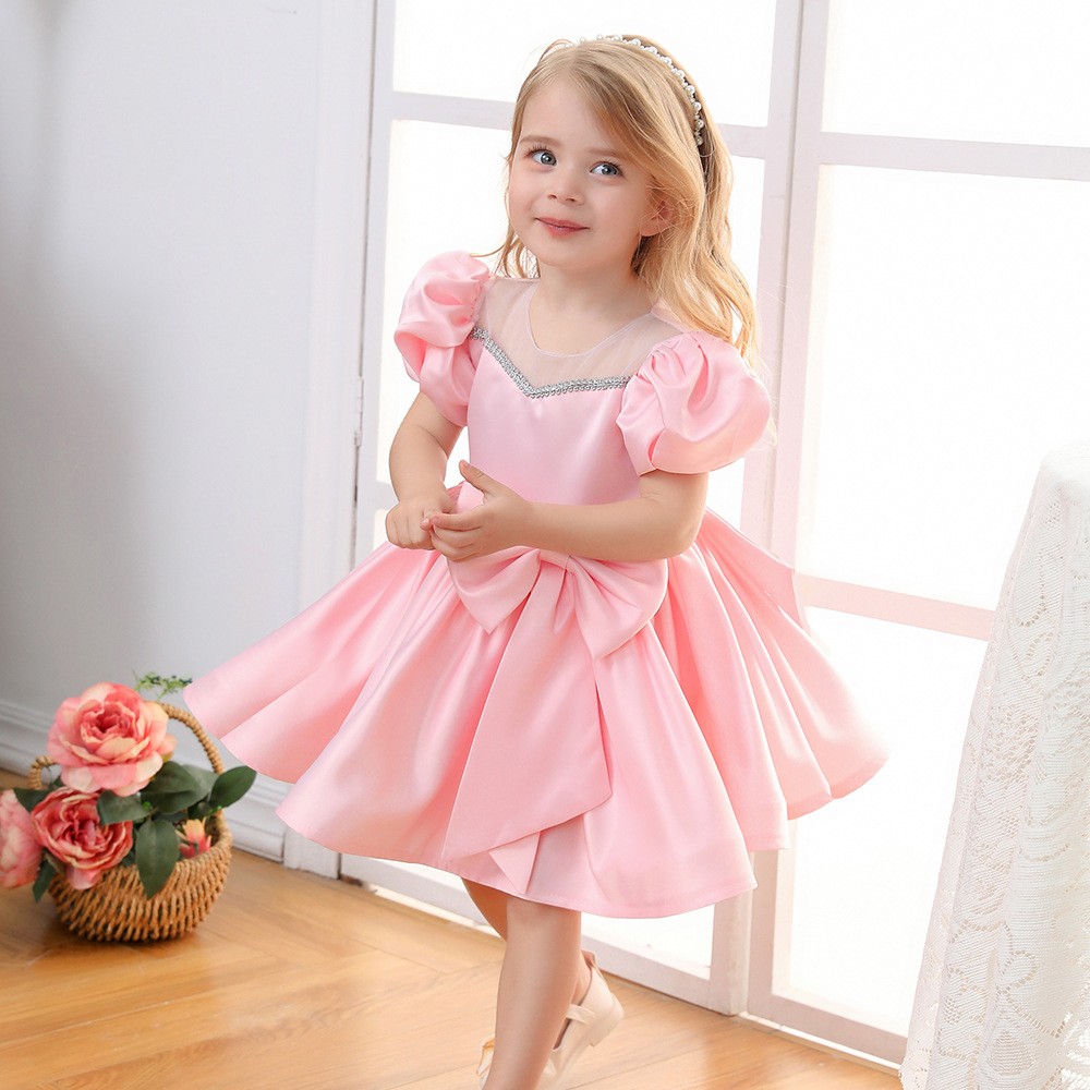 Pink Puff Sleeve Baby Girl Dress Bowknot White Party Dresses for Girls Wedding Birthday Festive Kids Things Children 1-12Y