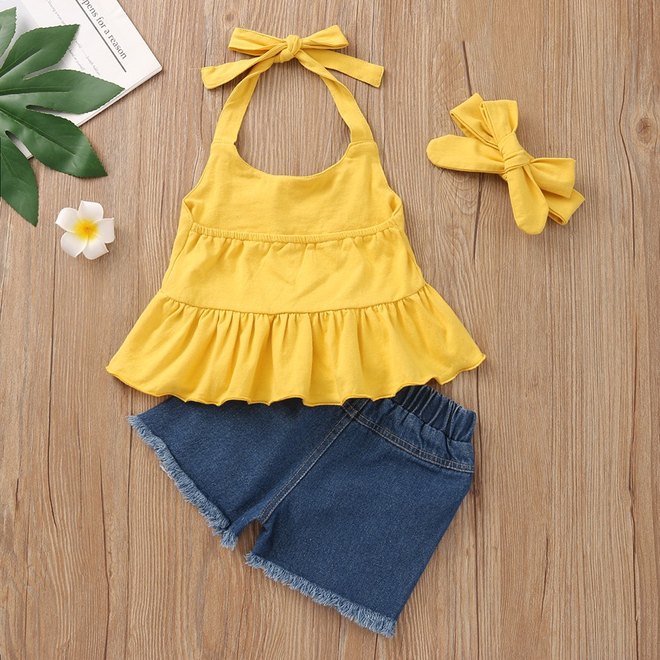 Baby Girl Fashion Clothes Set Rainbow Print Sleeveless Ruffle Blouse Jeans Hole Shorts With Headband Set JYF