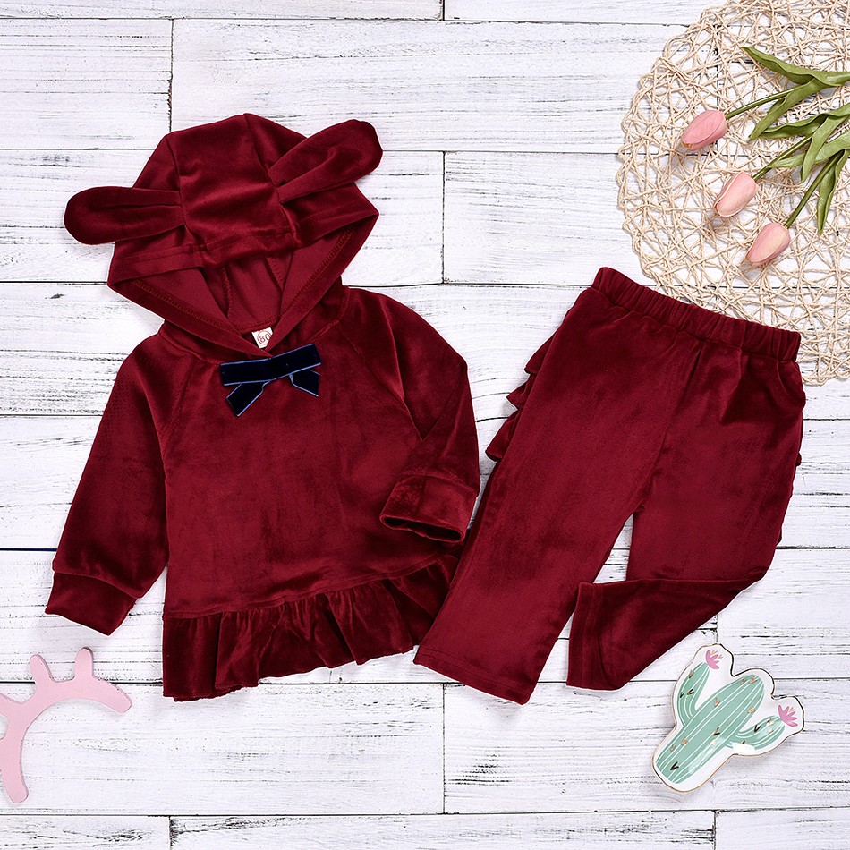 Cartoon Velvet Tracksuit Eear Ruffle Kids Children Clothing Set Autumn Winter Girls Baby Costume 2pcs Suit