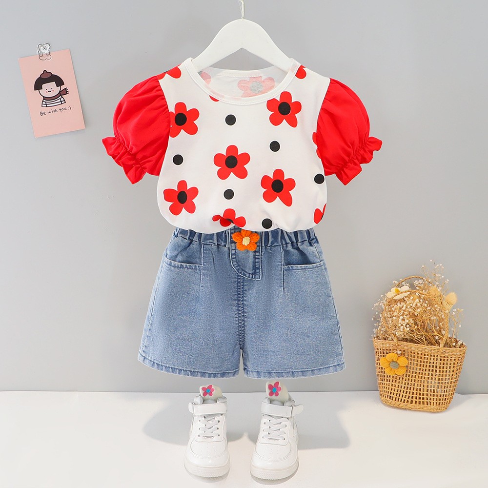 Girls suit 2022 new summer Korean style children's summer clothes baby girls small flower short-sleeved clothes two-piece suit