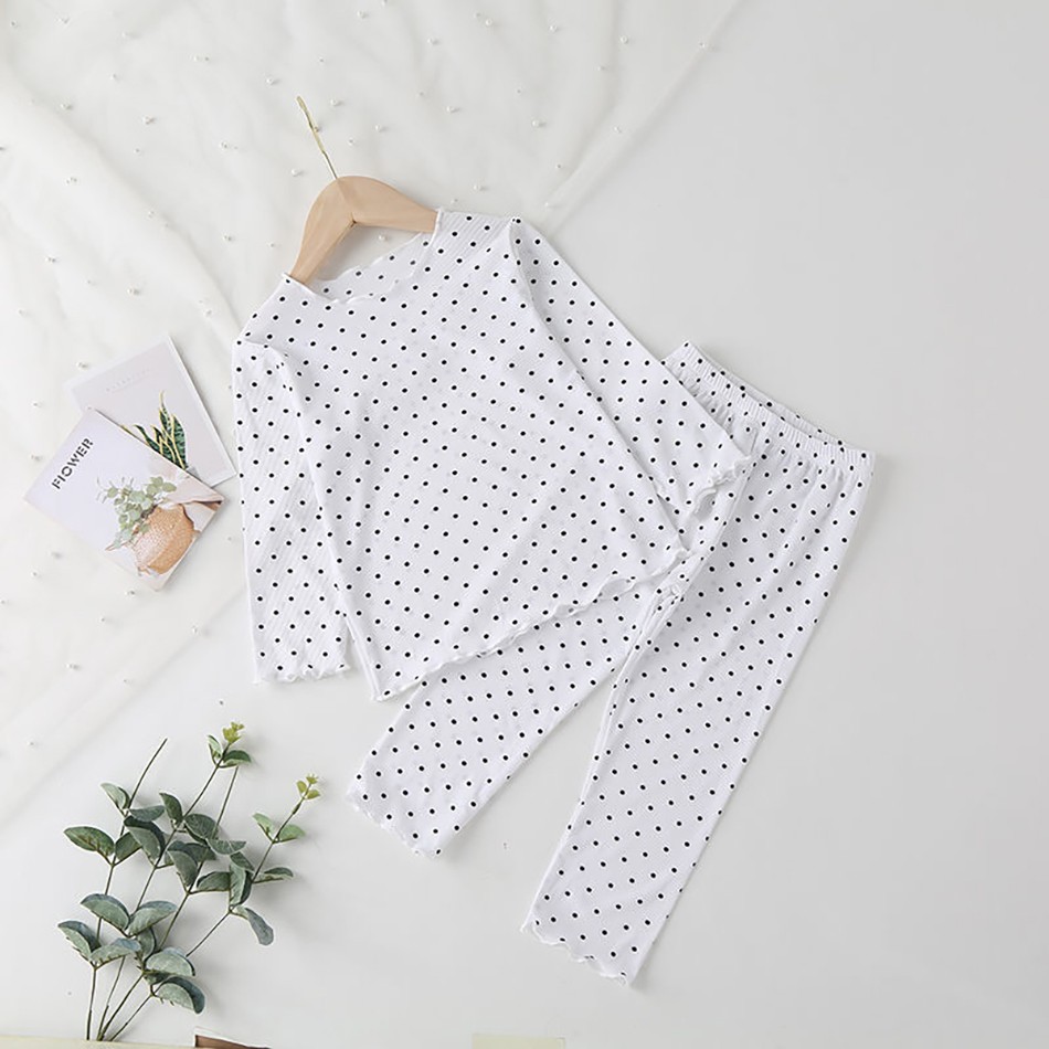 Autumn Winter New Baby Boys Girls Cute Polka Dot Pajamas Set Baby Kids Sweet Long Sleeve Ribbed Cotton 2pcs Clothes Suit