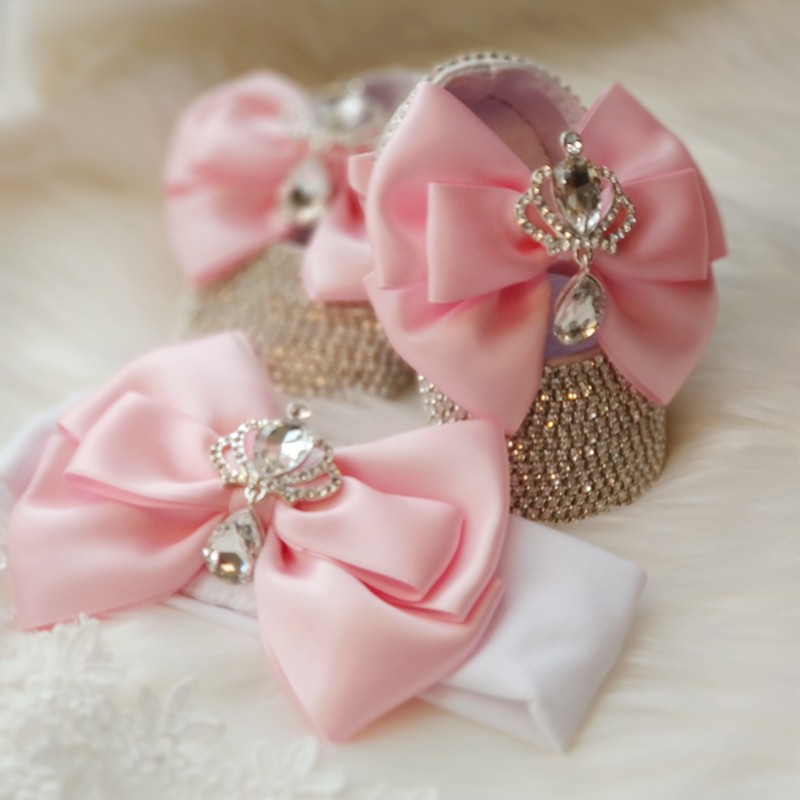 Dollbling Baroque Pink Rhinestones Baby Girl Shoes First Walker Headband Set Sparkle Crystals Princess Baby Shower Shoes SH3