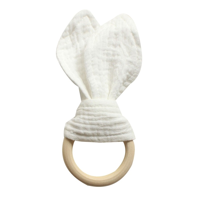 Baby Wooden Hand Grasp Soft Toy Cotton Cute Rabbit Ears Teether Bracelet Rattle