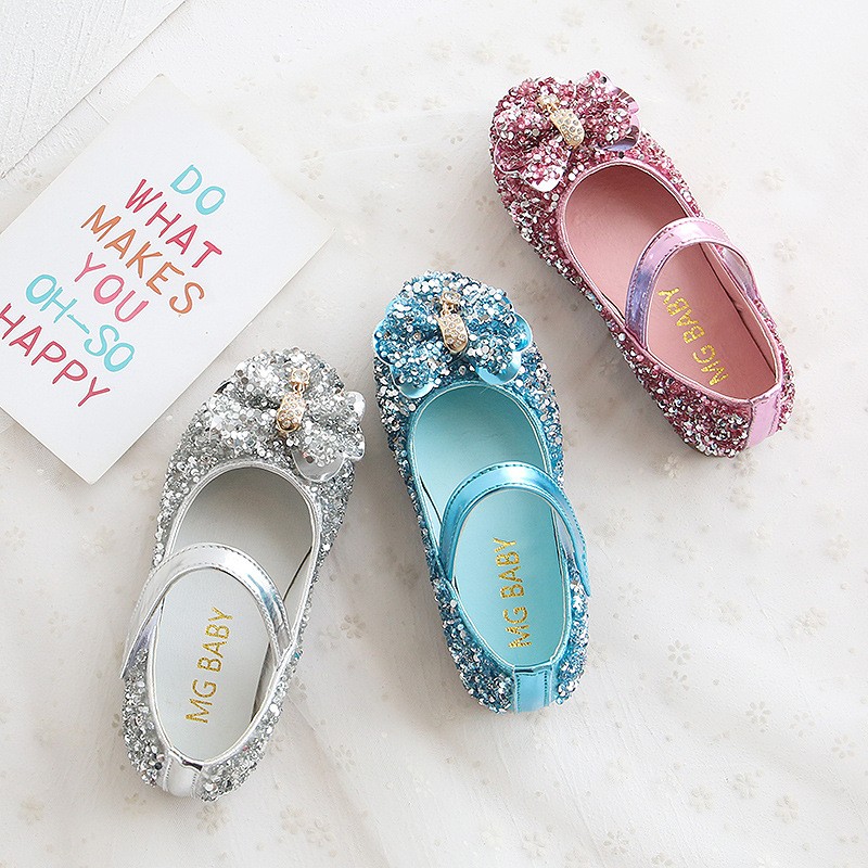 Fashion girls princess shoes bow sequins leather children shoes 2022 new spring wedding party dance round makeup mirror for kids