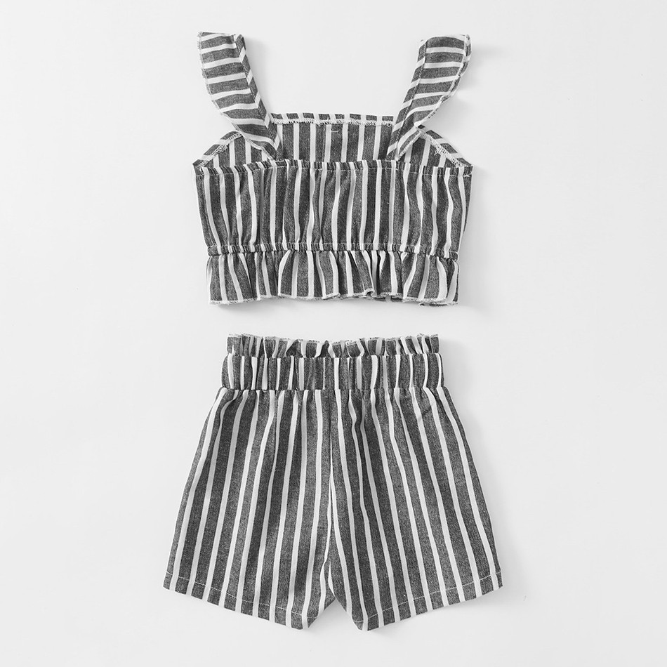 Baby Girl Clothes Set Summer Baby Cotton Striped Print Short Sleeve Suspenders T-shirt + Ruffle Short Pants 2pcs Kids Outfit