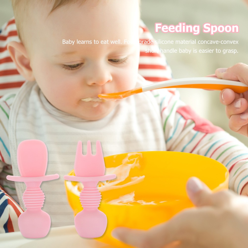 Food Grade Infant Small Silicone Cutlery Set Baby Soft Kitchen Joining Fork Spoon Kids Portable Soild Color Small Spoon