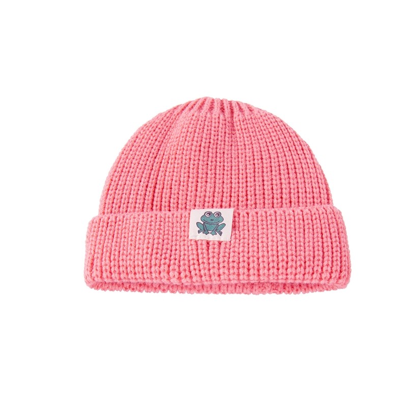 Autumn Winter Solid Color Baby Knitted Warm Hat Soft Casual Hemming Hat Kids Girls Boys Frog Label Beanies Clothes