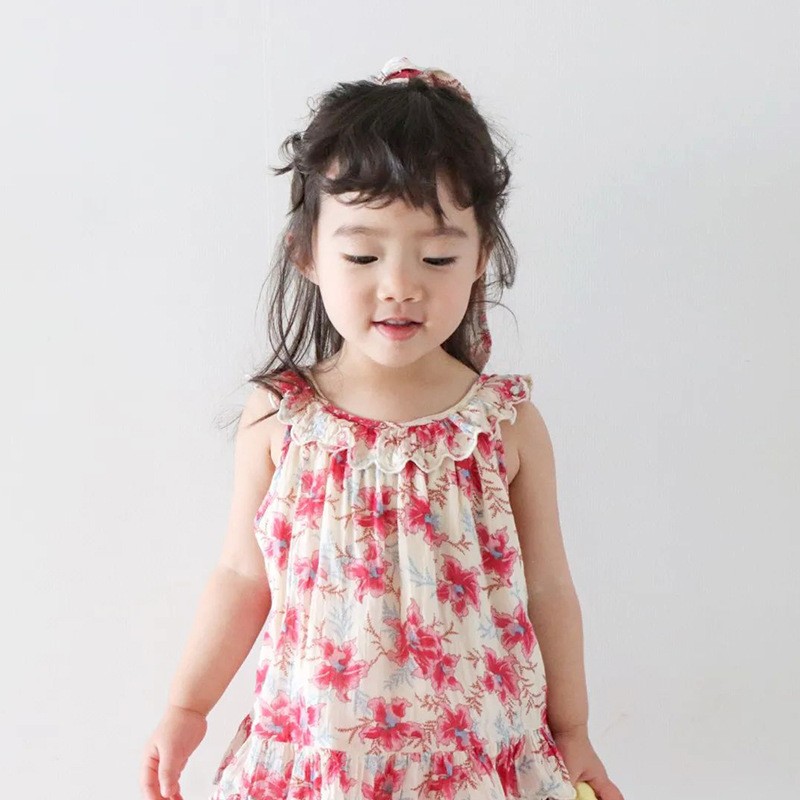 LM2022 Summer Girls Dress Ins European Style Girls Sweet Floral Sleeveless Lapel Lace Suspenders Children Tops Pants Suit