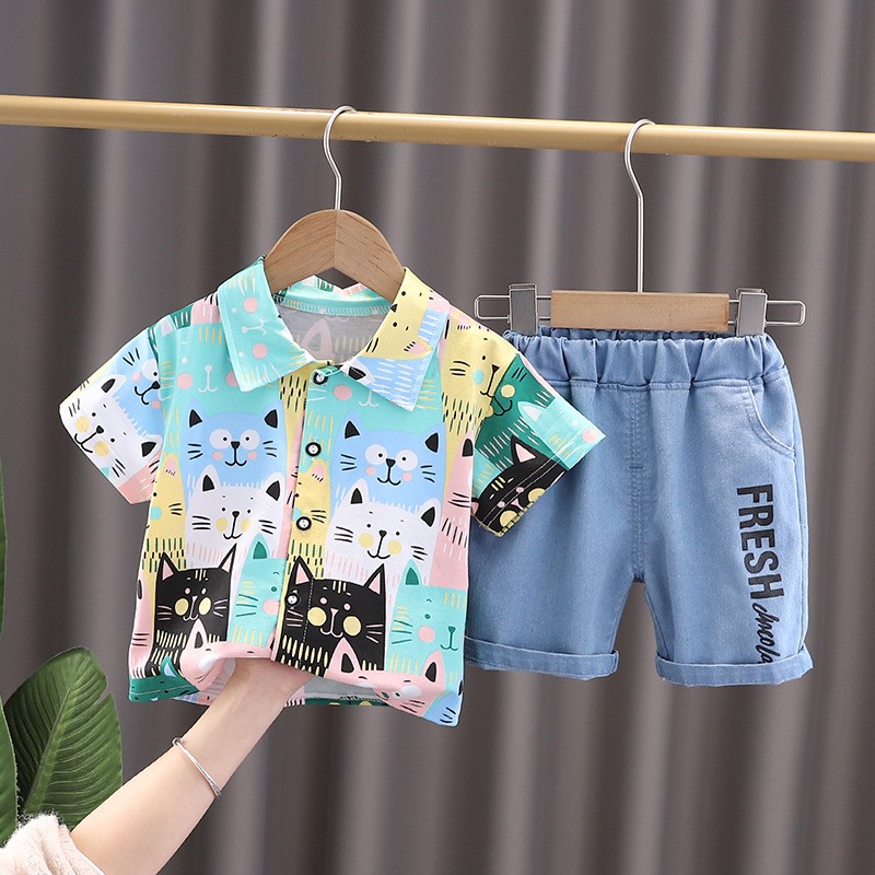 Baby Boy Boys Clothes Cotton Short Sleeve Animal Print Gentleman T-shirts Short Jeans Set Baby Outfits Boy's Clothing Suit