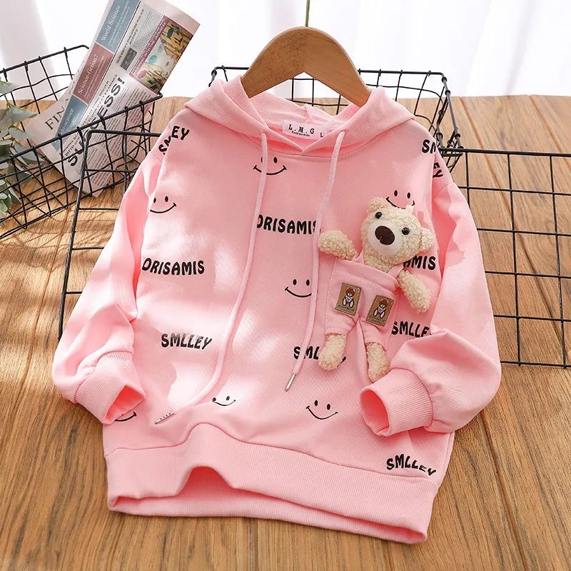 Spring and autumn cotton blend girls hoodie new 2022 Korean version sweet little bear style print casual children's clothing