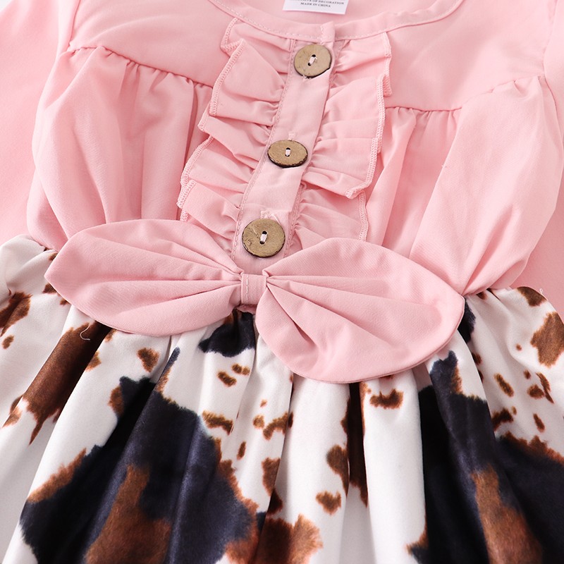 Girlymax Fall/Winter Baby Girls Children Clothing Pink Cow Print Denim Dress Milk Silk Boutique Long Sleeve Knee Length