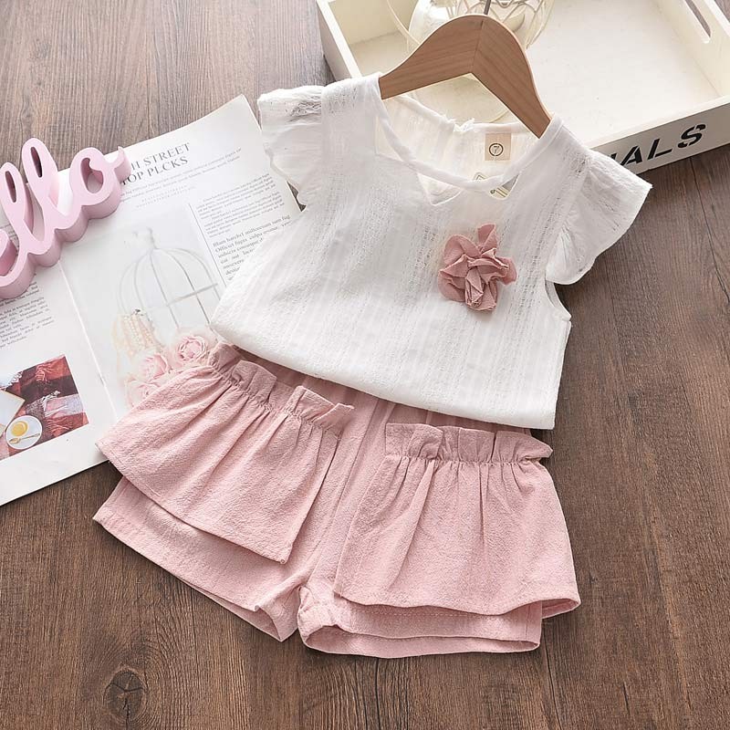 Pink Girls Set with Lapel and Shorts Baby Clothes 2-6T Polka Dot Design Fashion Outfit New Summer 2021