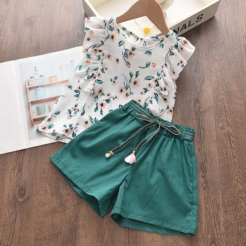 Girls clothes set 2022 new summer sleeveless T-shirt and print bow shorts for girl kids clothes children clothing 3 5 7 years