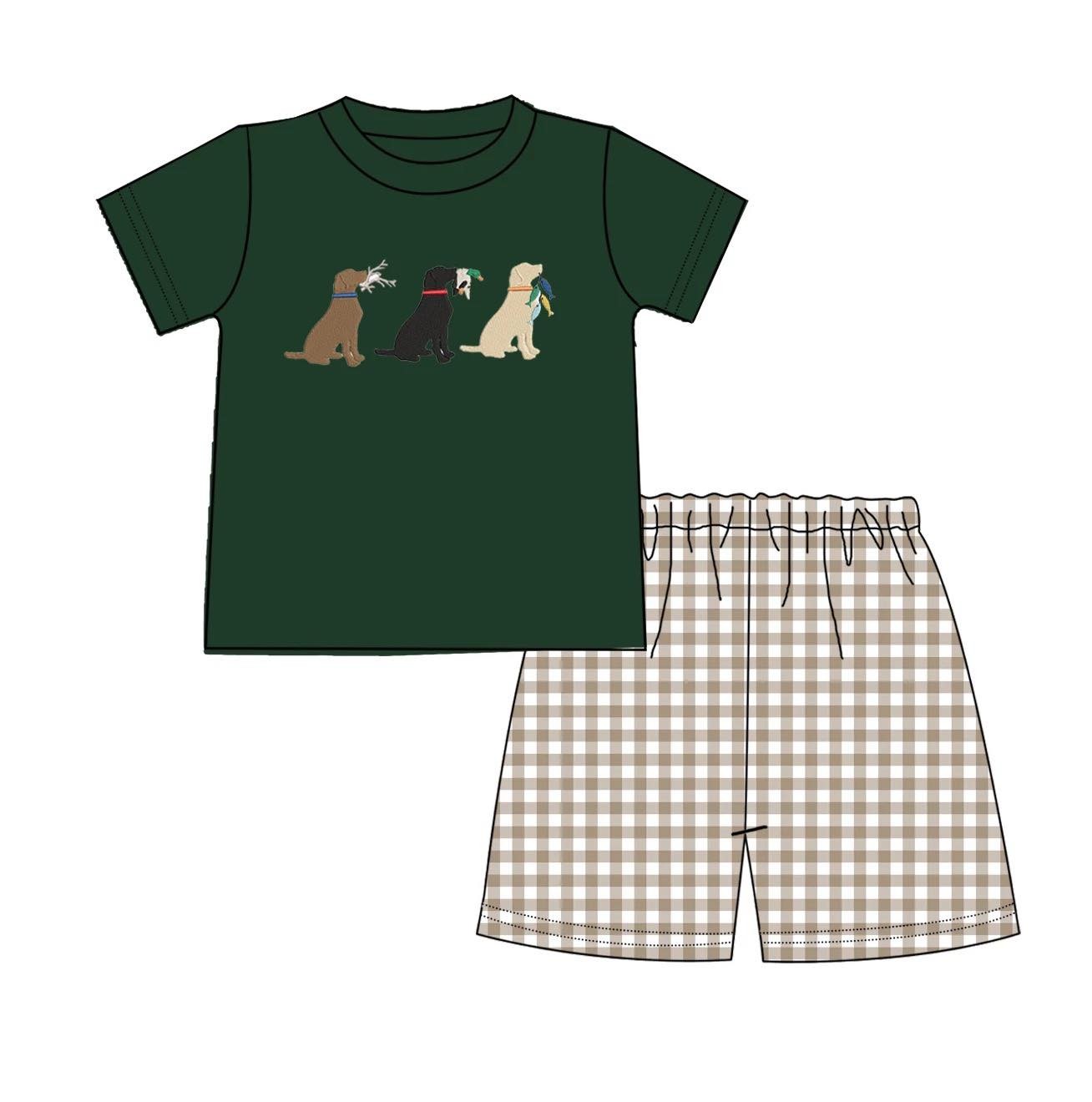 Clothing Sets For Baby Girl Cute Dark Green Three Dog Floral T-shirt Coffee Lattice Casual Sports Pants Kids Outfits For Summer