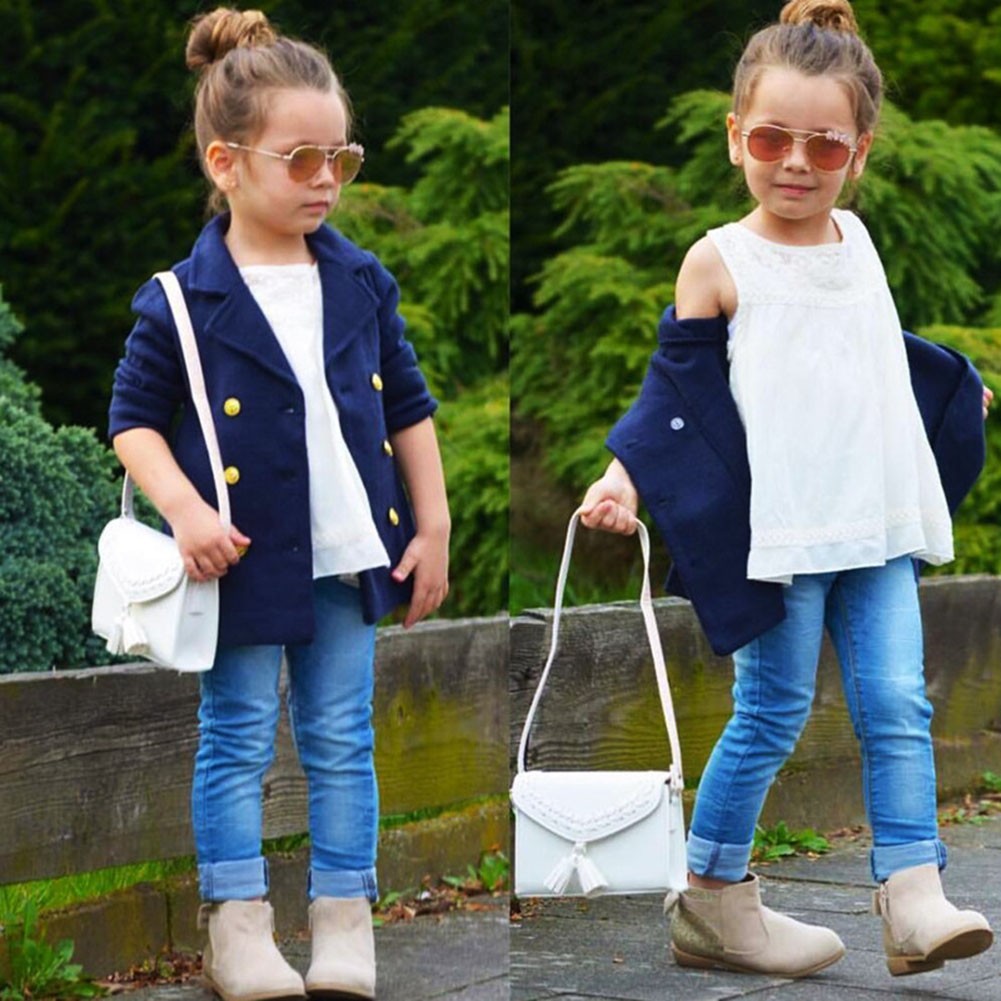 Fashion long sleeve lapel collar solid blue coat children girl suit collar coat spring and winter cute college style coat