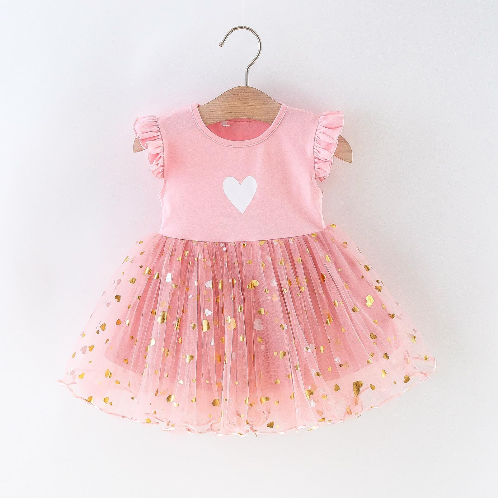 Summer Floral Ruffle Dress Toddler Baby Girls Floral Sleeve Heart Floral Print Dresses Sequins Tulle Princess Dress Party Dress