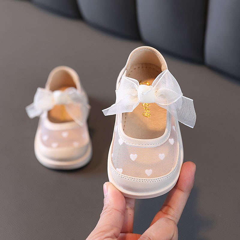 Spring Summer Girls Leather Shoes Cute Bow Fashion Breathable Mesh Baby Girl Shoes First Walkers Pink White