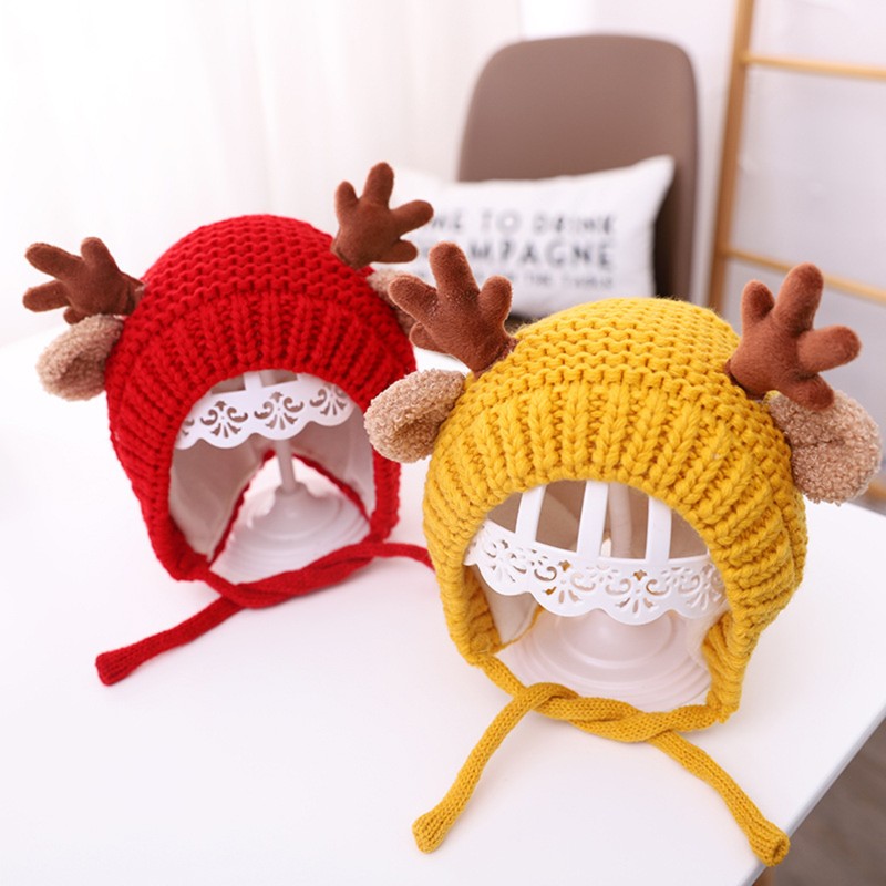 Cute Deer Elk Antlers Baby Hat Winter Warm Plush Knitted Ear Warmer Children Hat Bonnet Boys Girls Beanie Hat Christmas Hats